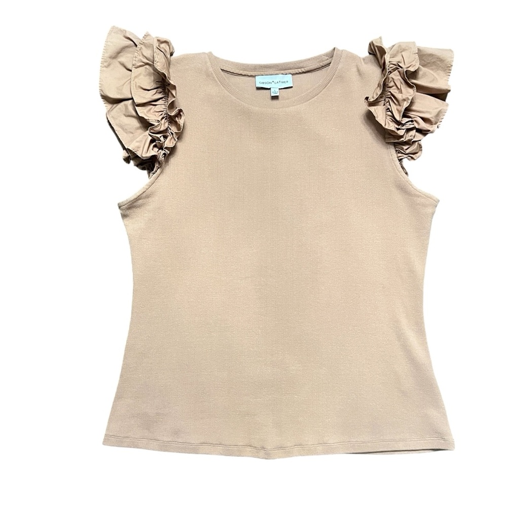 Gibson Latimer Beige Ruffle Sleeve Ribbed Crew Neck Tank Top size Large